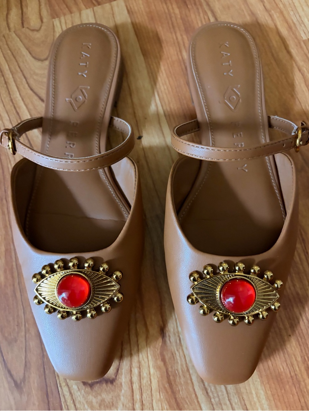 Katy Perry Collections Brown Mule with Red Jewel and Gold Eye Accent